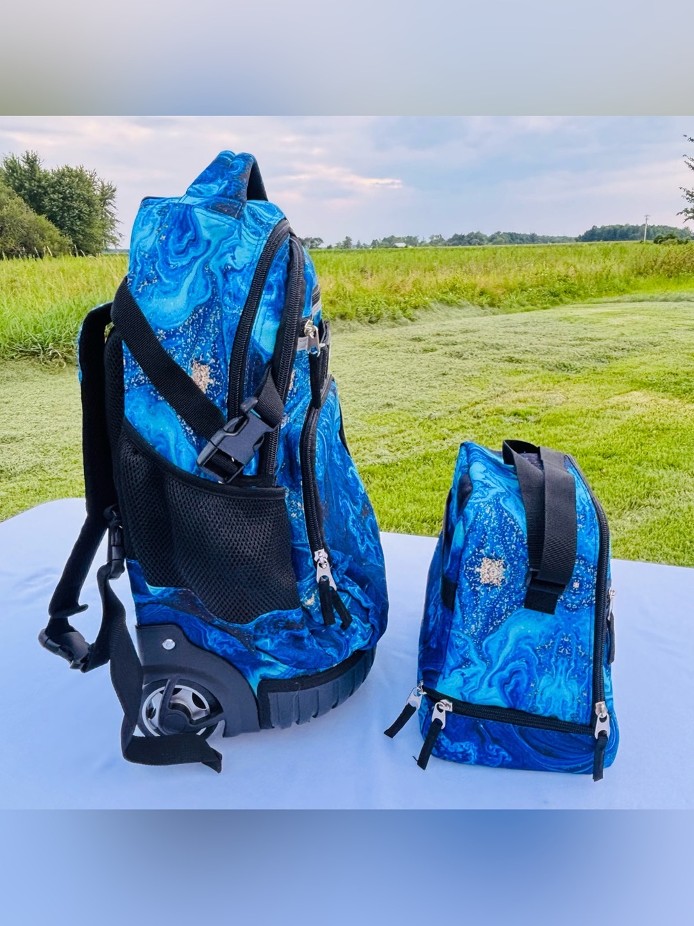 Rolling Backpack Lunch Bag Set Blue Wave Wheeled Laptop School Travel 19" Unisex - Picture 6 of 14
